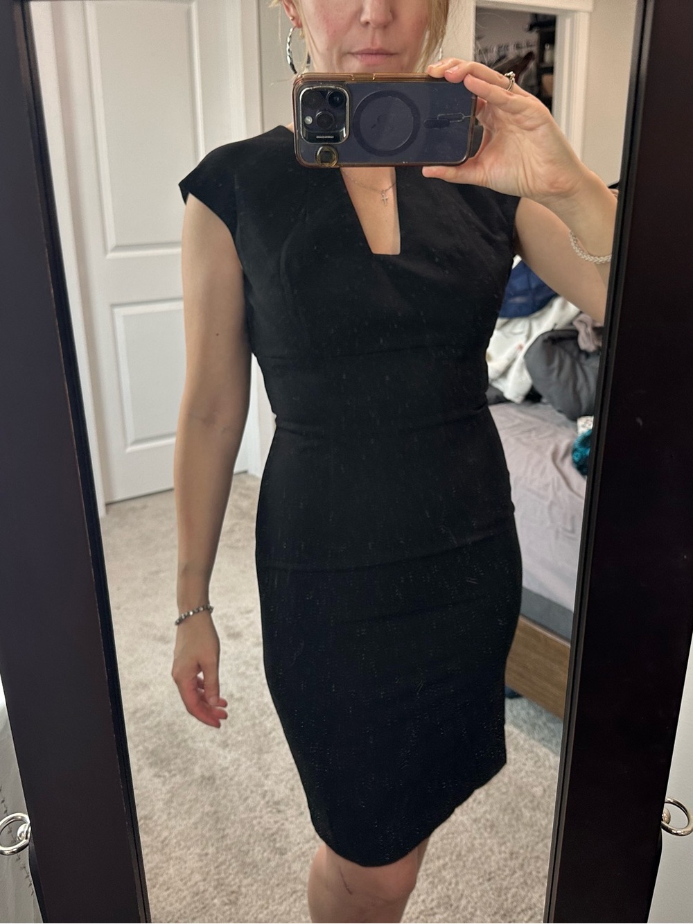 Calvin Klein Black Cap-Sleeve Midi Sheath Dress